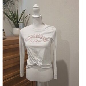 Abercrombie Kids Girls White Long Sleeve Knot Front Glitter Logo Tee Size 11/12